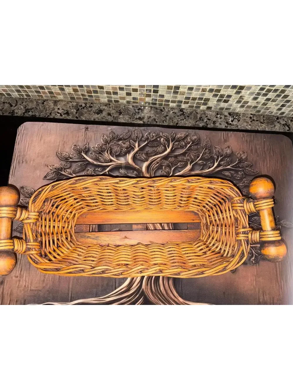 vintage split willow basket with wood handles.